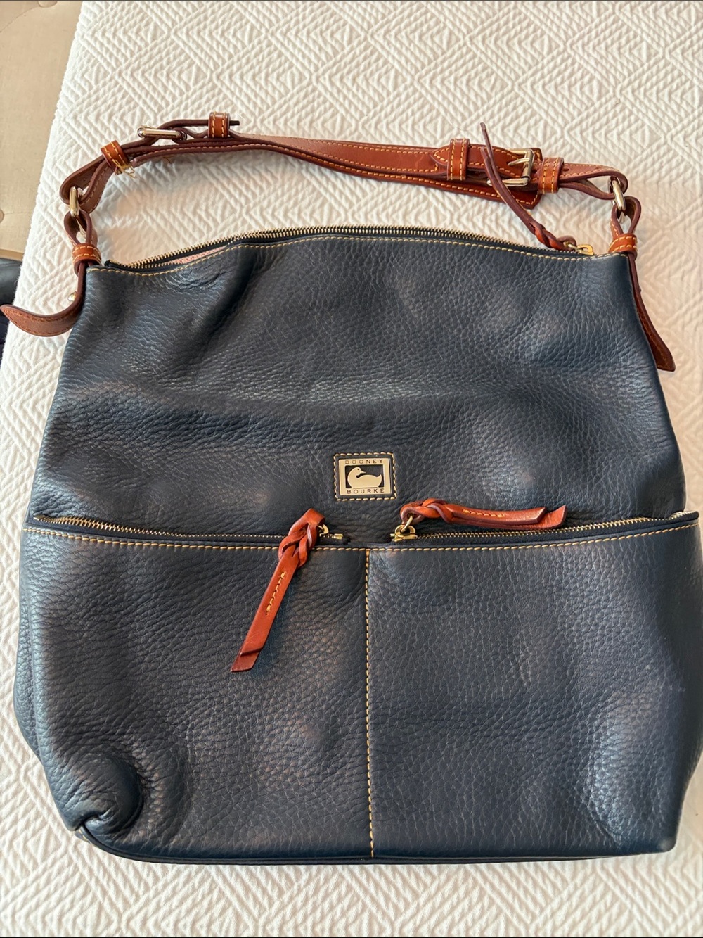 Dooney & Bourke Navy Leather Shoulder Bag with Tan Trim